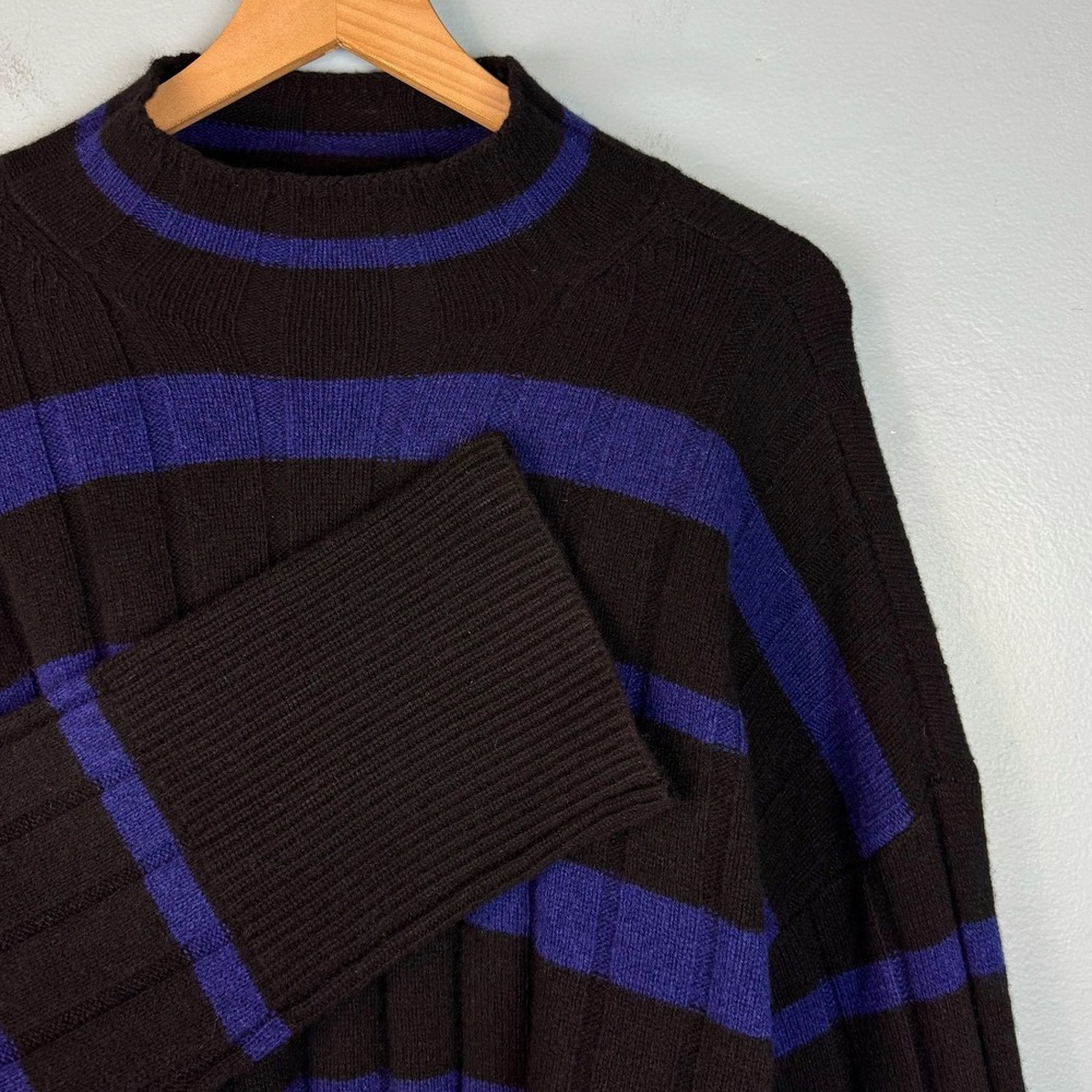 Madewell Women Large Black Blue Striped Recycled Cashmere Wool Mock Neck Sweater
